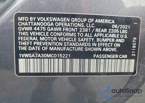 2021 Volkswagen Passat Se z USA, uszkodzony, nr VIN 1VWSA7A30MC015221